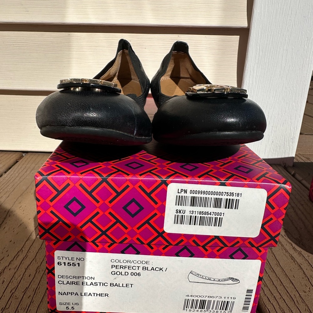 Tory Burch Black Ballet Flats with Gold Logo Plaque